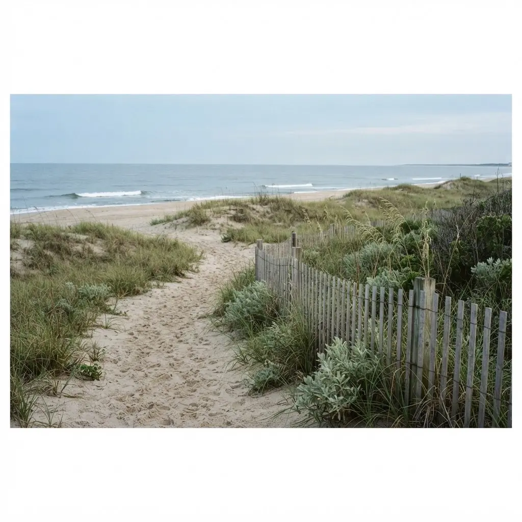 Illustrative coastal scene with a sandy path through dune grasses toward the Atlantic
