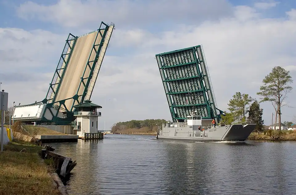 The raised spans of Great Bridge over the Albemarle and Chesapeake Canal in Chesapeake, Virginia