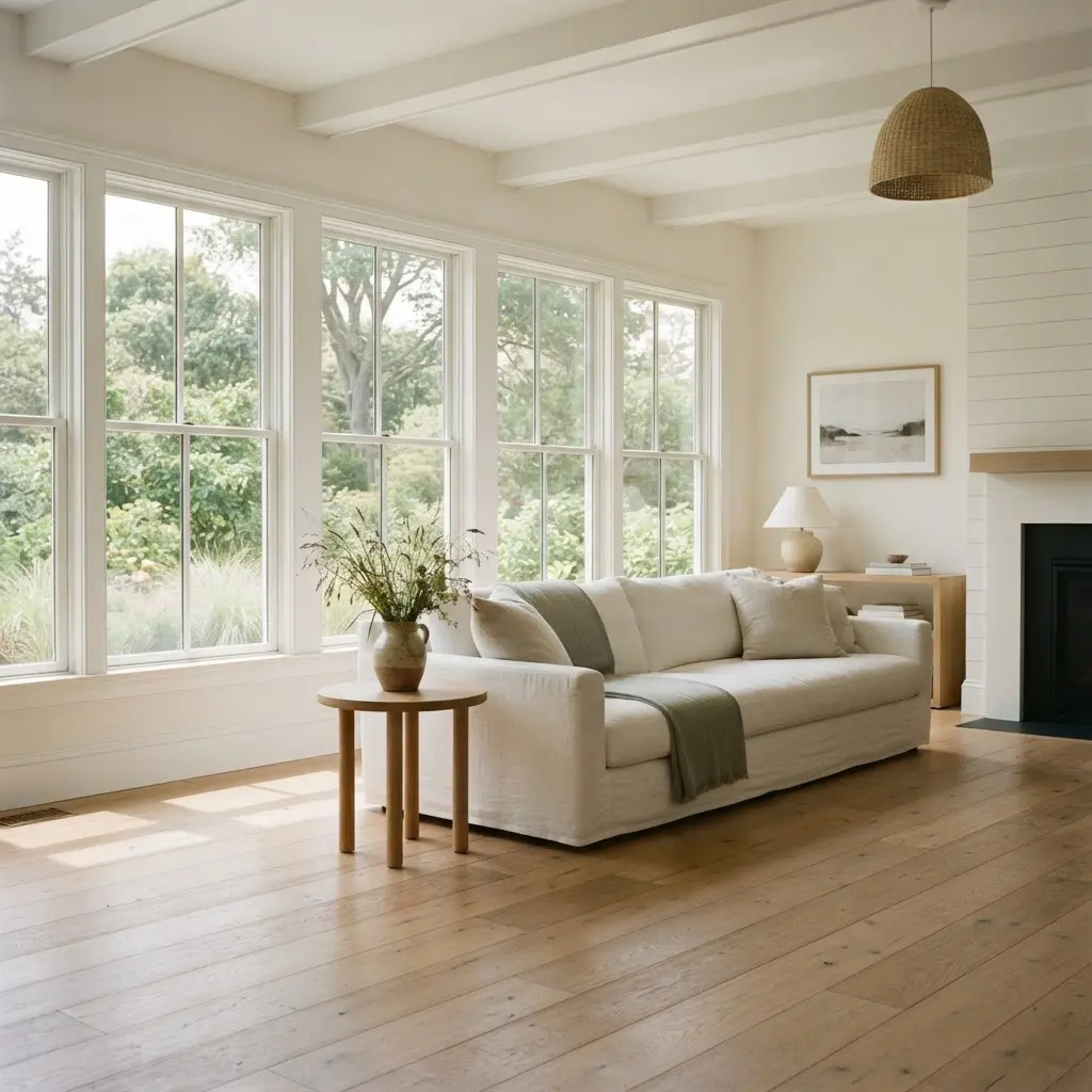 Illustrative bright coastal living room with soft natural light
