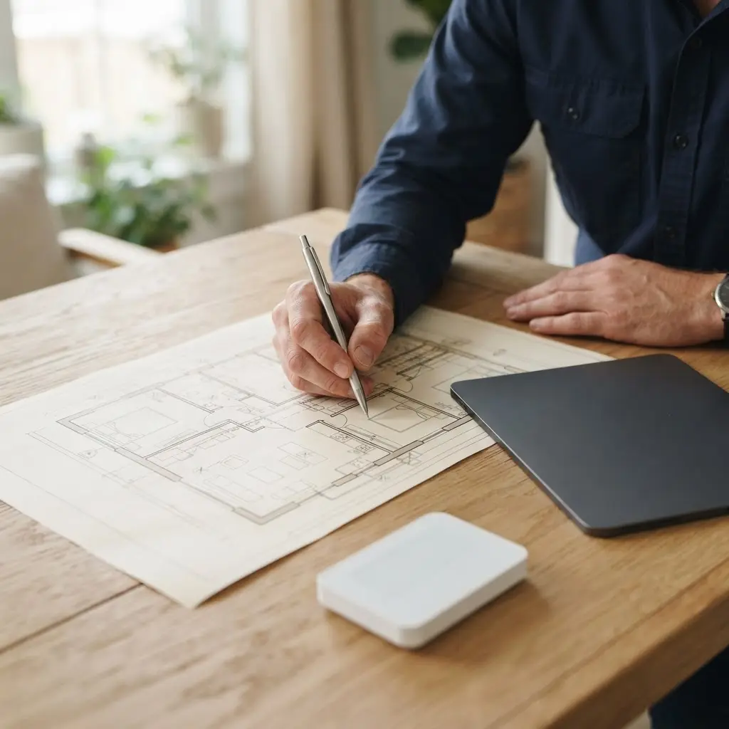 Illustrative scene of residential HVAC planning with a floor plan, thermostat, and tablet