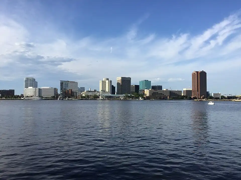 Downtown Norfolk’s skyline viewed across the Elizabeth River in Virginia
