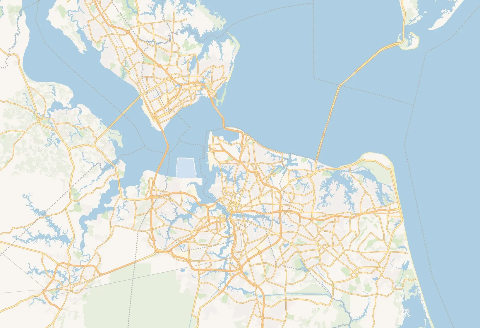 Map of the Hampton Roads cities Expert Air serves: Virginia Beach, Chesapeake, Norfolk, Portsmouth, Suffolk, Hampton, and Newport News.