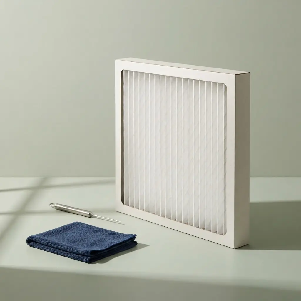 Illustrative air filter and tools representing seasonal HVAC care