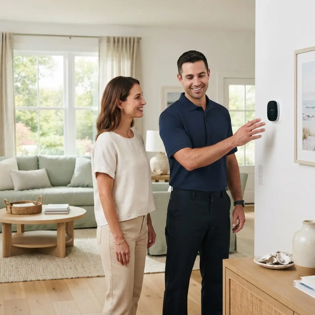 Illustrative scene of a technician and homeowner discussing a thermostat in a sunlit living room